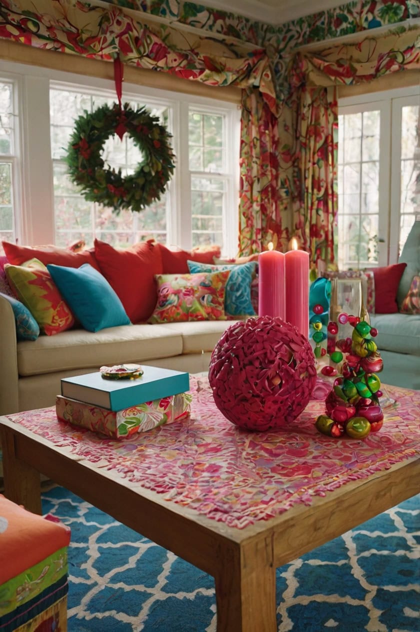 Bold And Bright Colors Living Room Coffee Table Christmas Decor Ideas