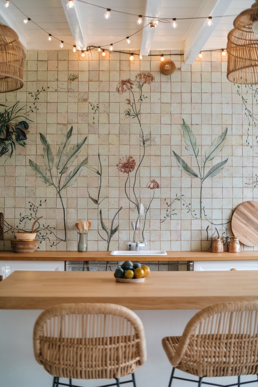 Botanical Tile Boho Kitchen Backsplash 1