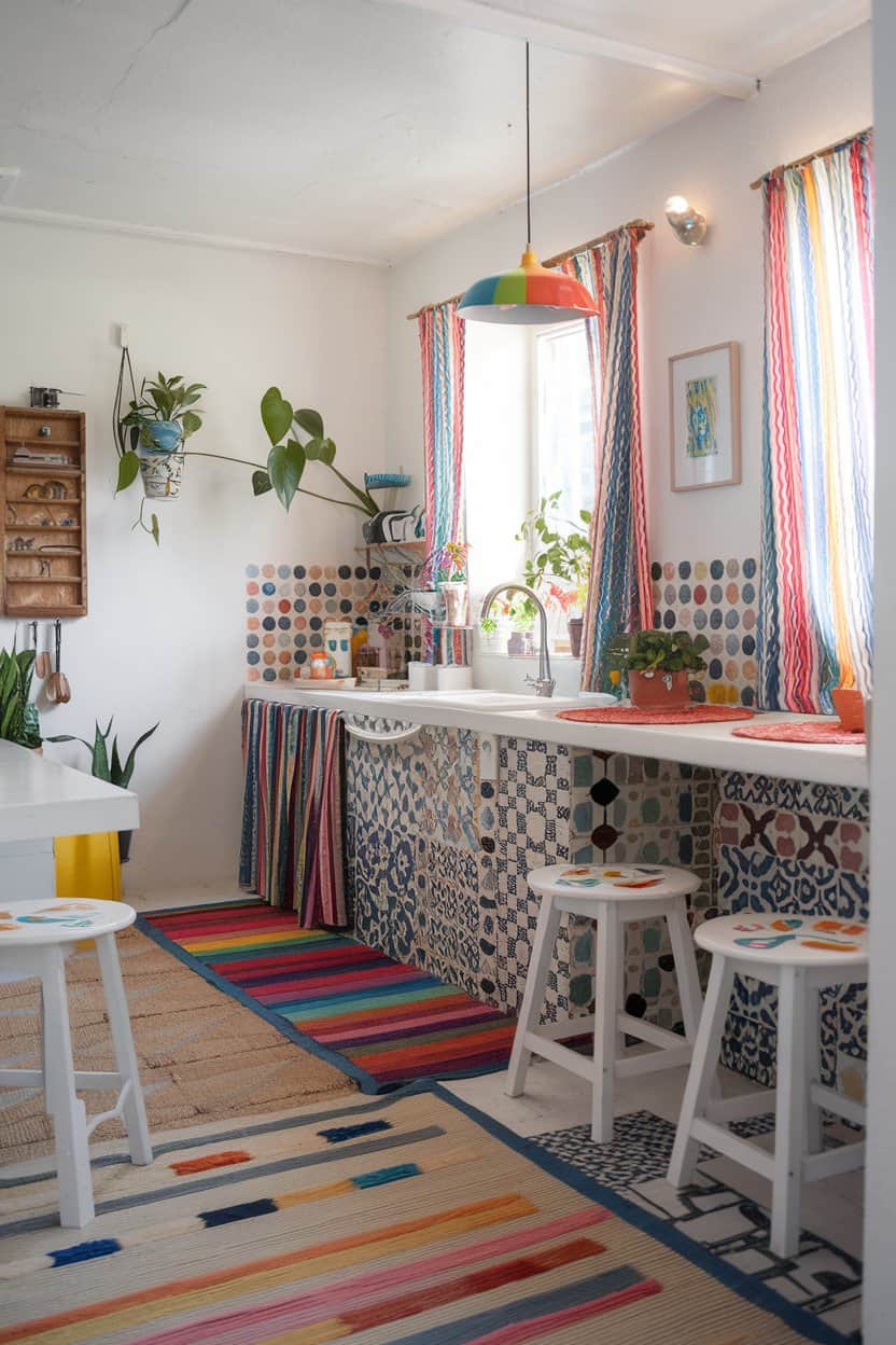 Bright White With Rainbow Accents For Colorful Boho Kitchen Ideas