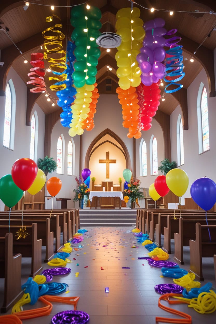 Bright And Cheerful Rainbow Theme New Year Decoration Ideas for Church