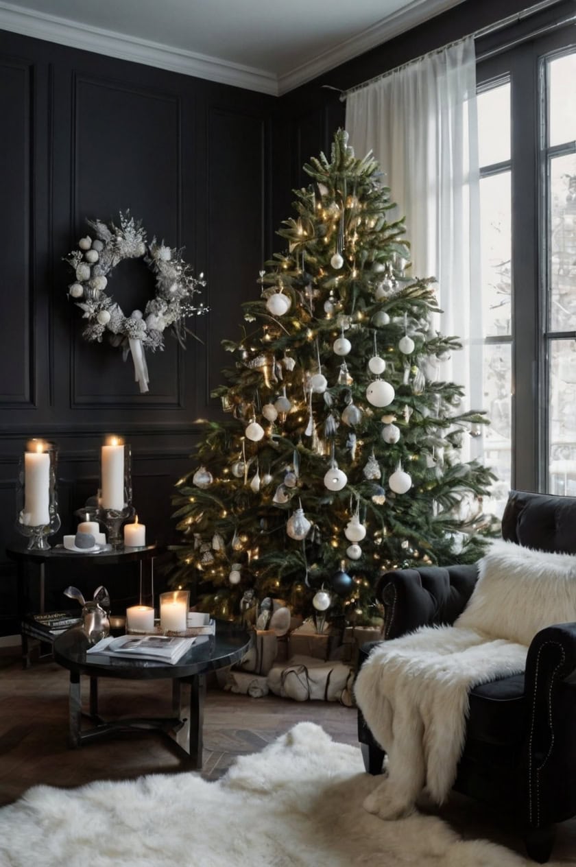 Chic Black And White Holiday Elegant Christmas Decorating Ideas for Living Rooms