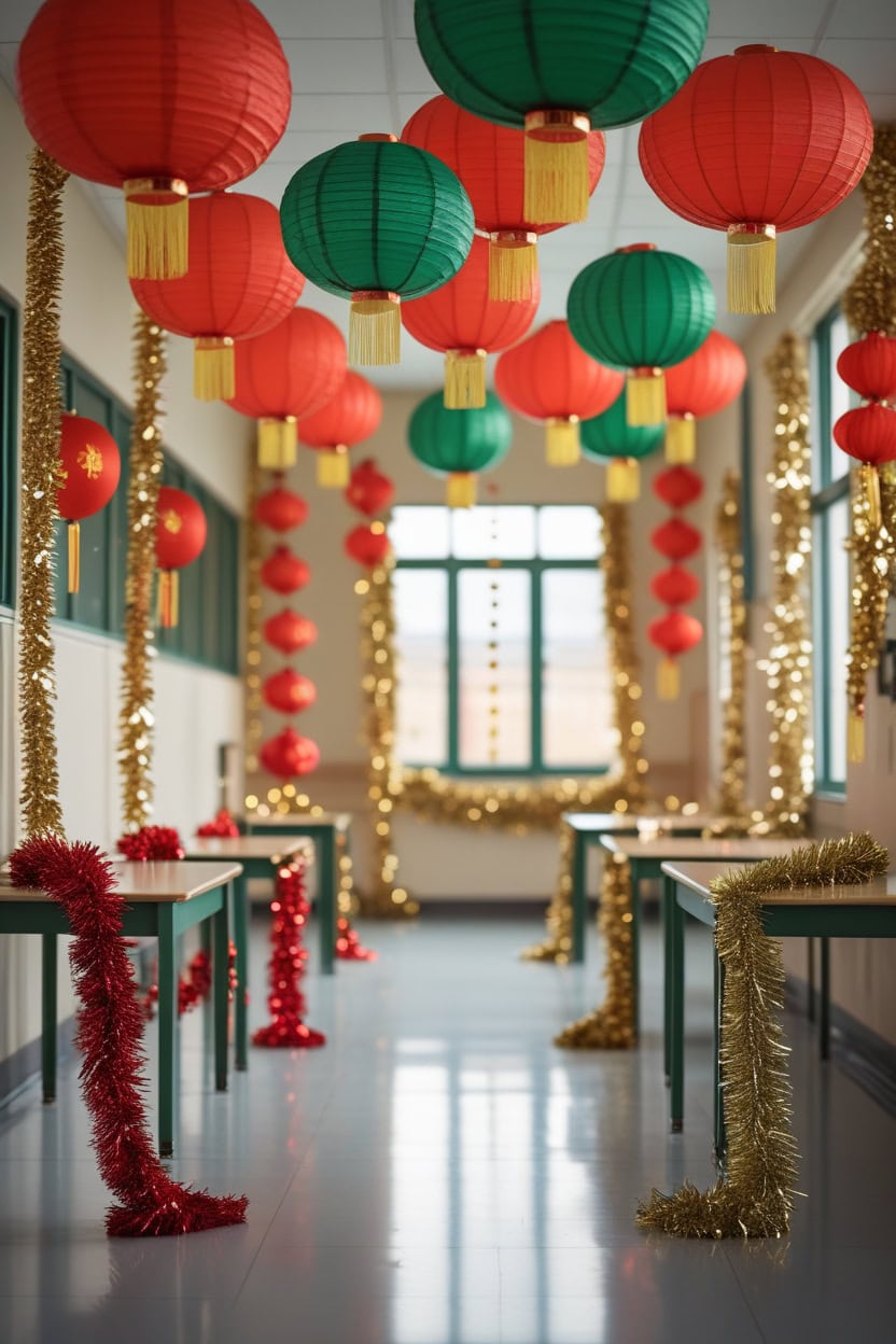 Classic Red, Green, And Gold New Year Decoration Ideas For School 2