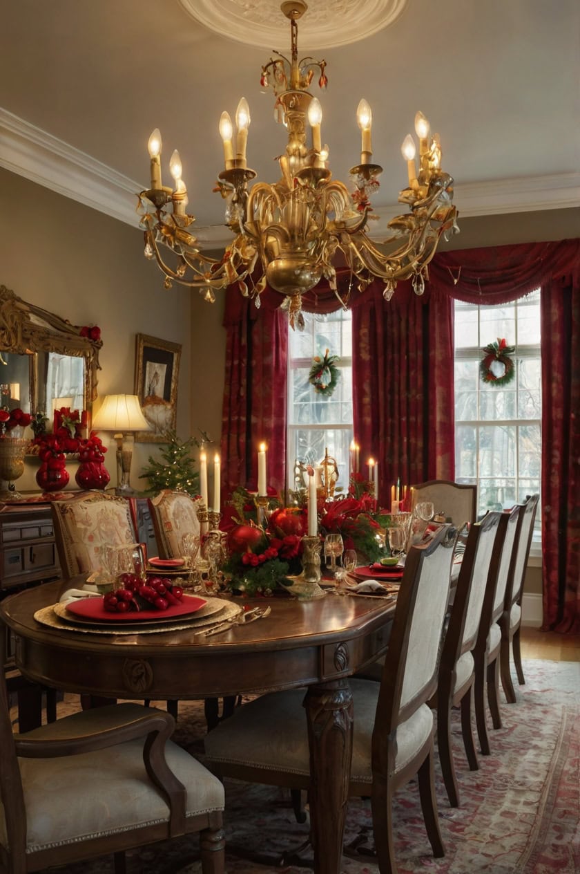 Classic Red And Gold Elegance Christmas Decorating Ideas For Dining Room Chandelier