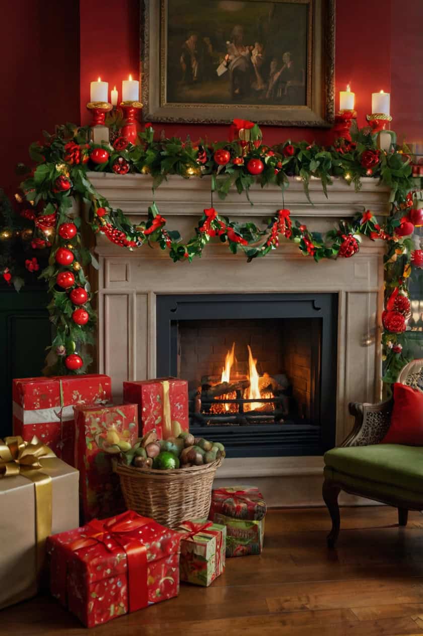 Classic Red And Green Cozy Christmas Fireplace Decoration