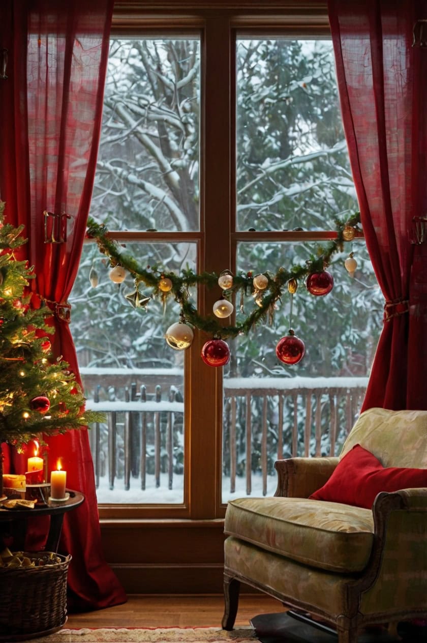 Classic Red And Green Elegance Living Room Window Christmas Decor Ideas