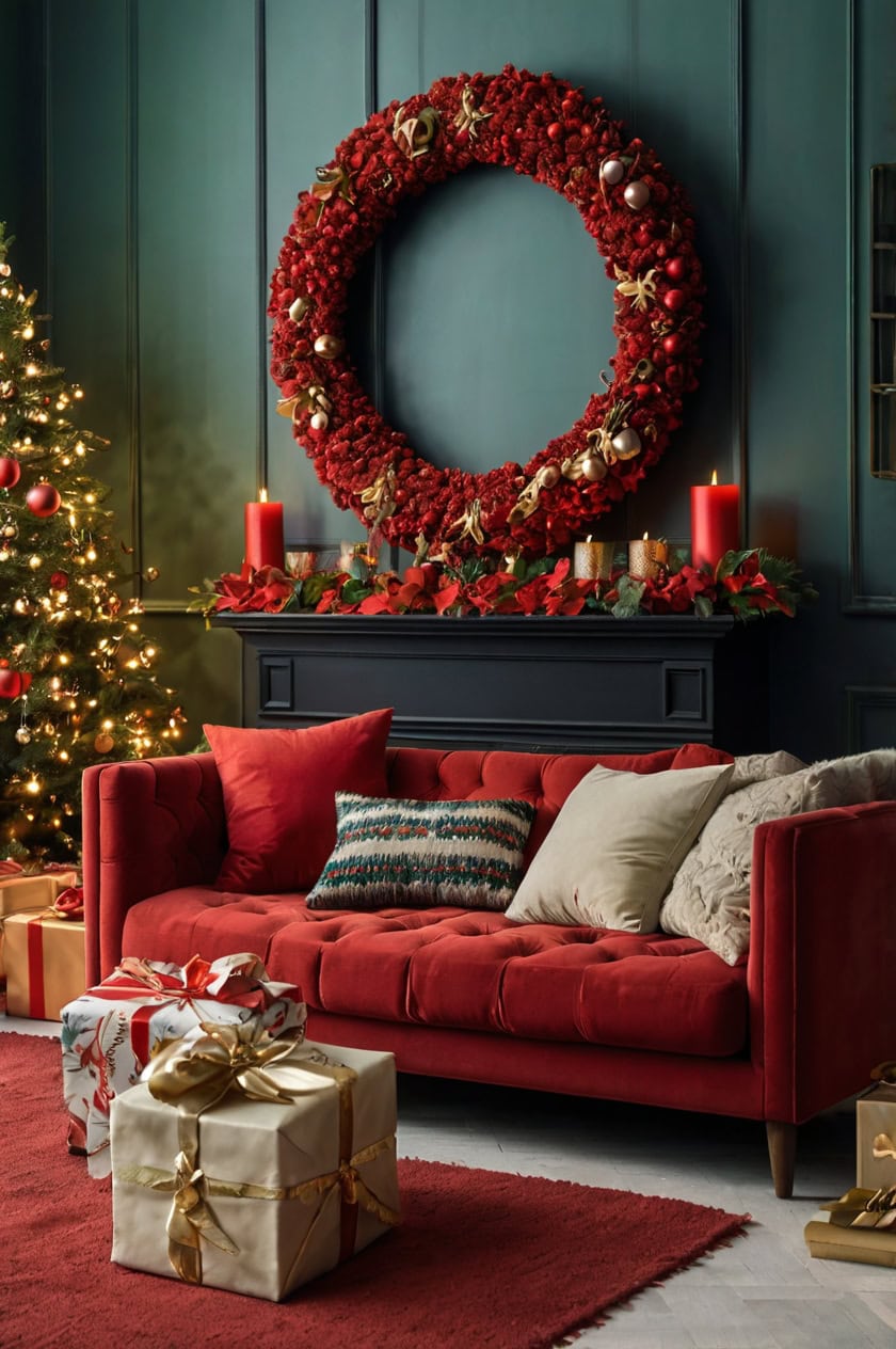 Classic Red And Green Theme Christmas Decorations Ideas for Living Room Without Tree