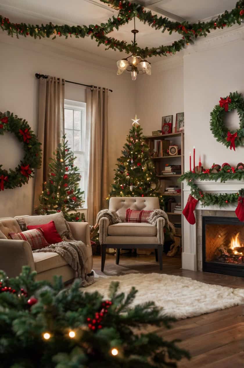 Classic Red And Green Theme Room Ceiling Christmas Decor Ideas