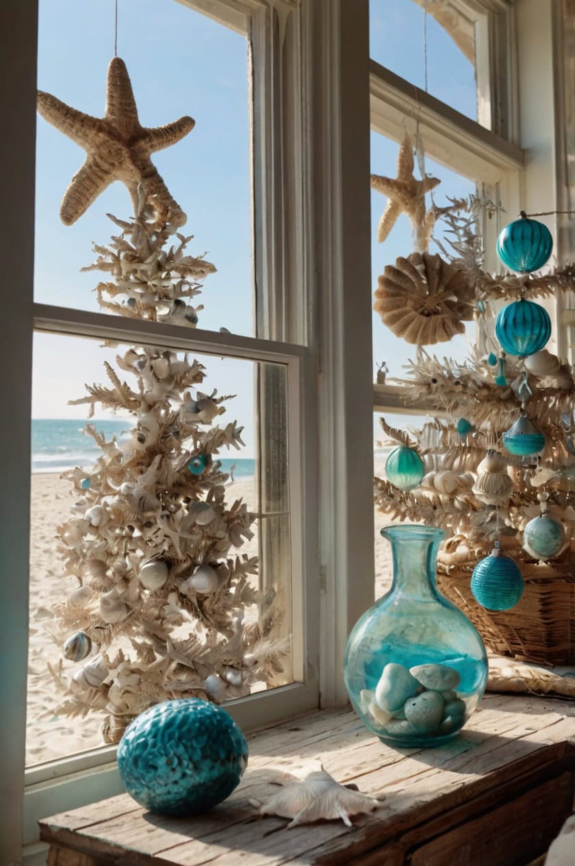 Coastal Christmas Theme Living Room Window Decor Ideas