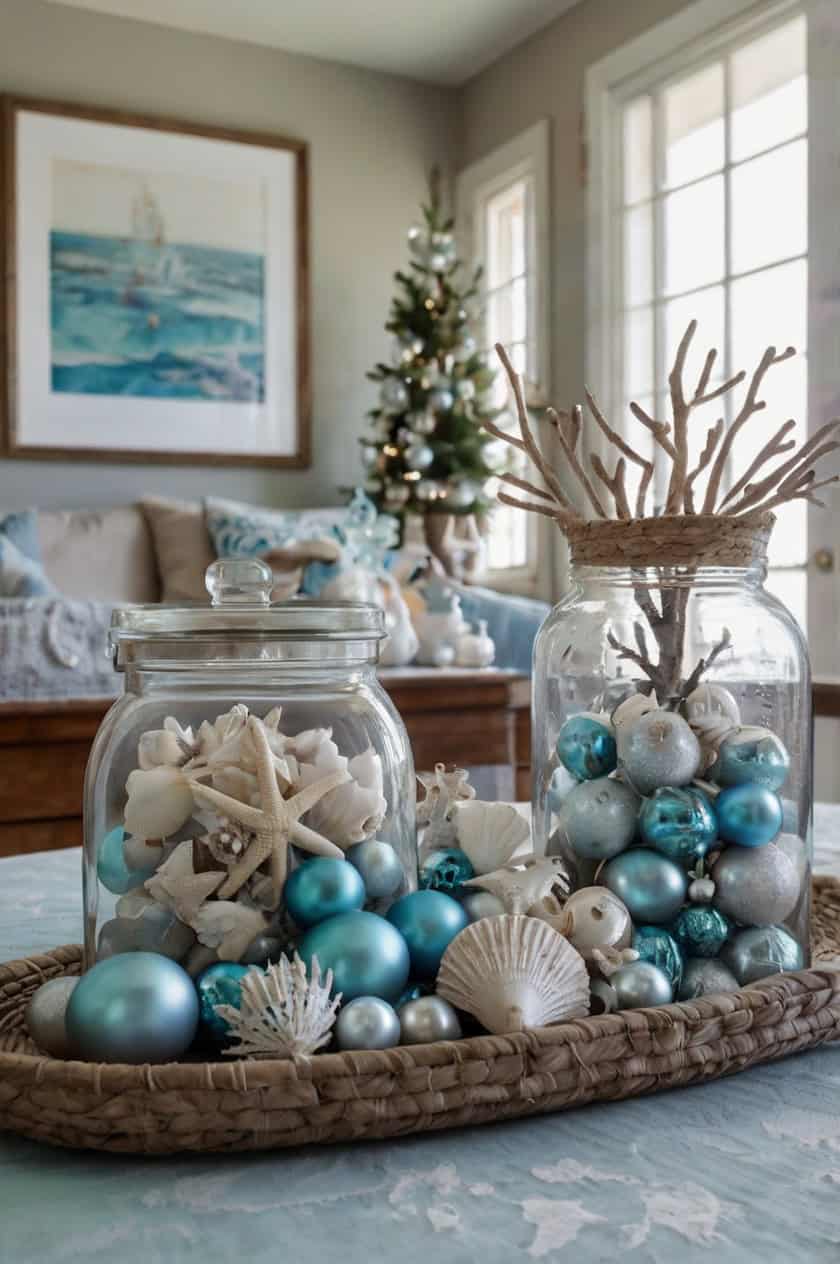 Coastal Christmas With Seashells And Sand Oval Living Room Table Decoration Ideas