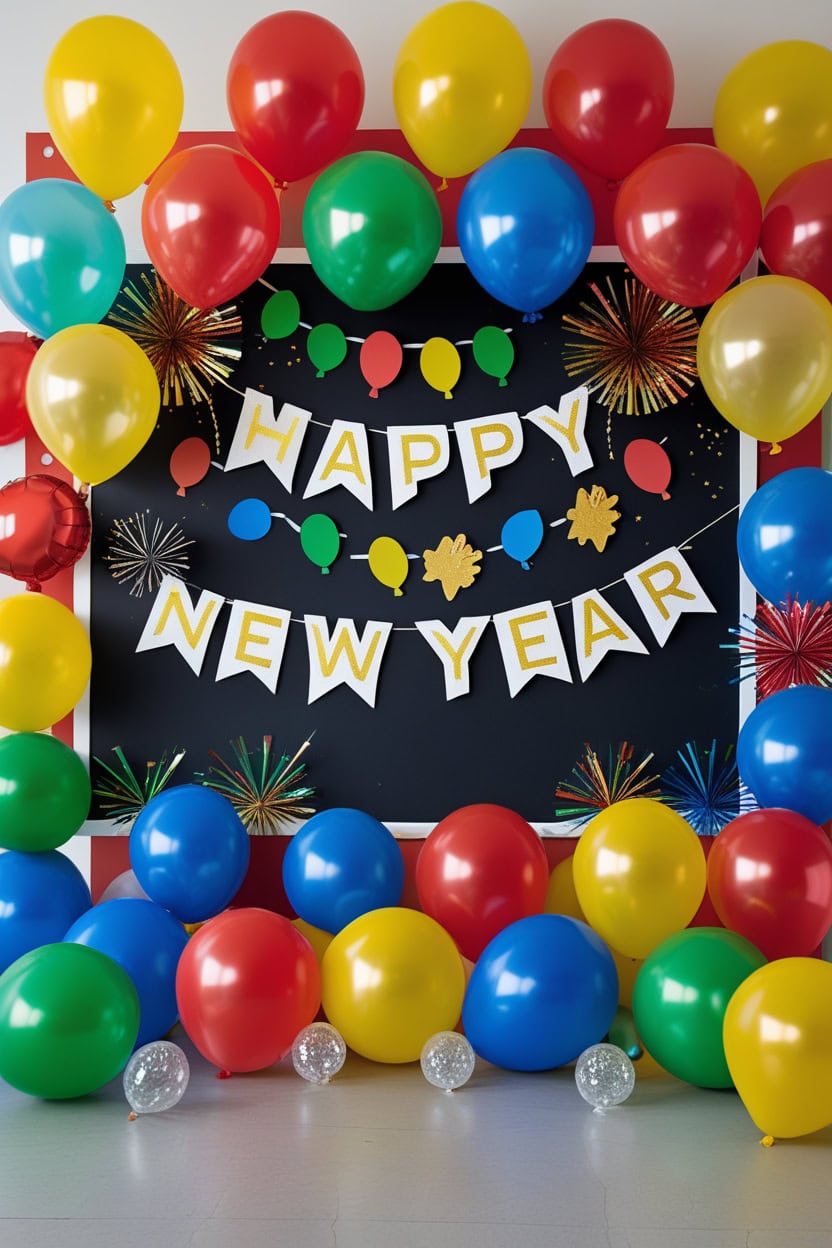 Colorful Balloon Bash New Year Decoration Ideas for School Board