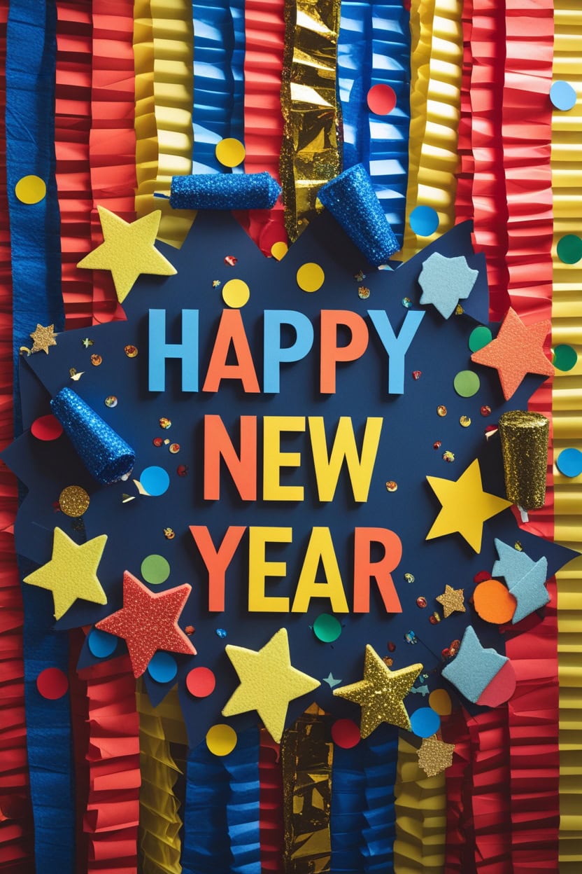 Colorful Confetti Celebration New Year Decoration Ideas for Notice Board