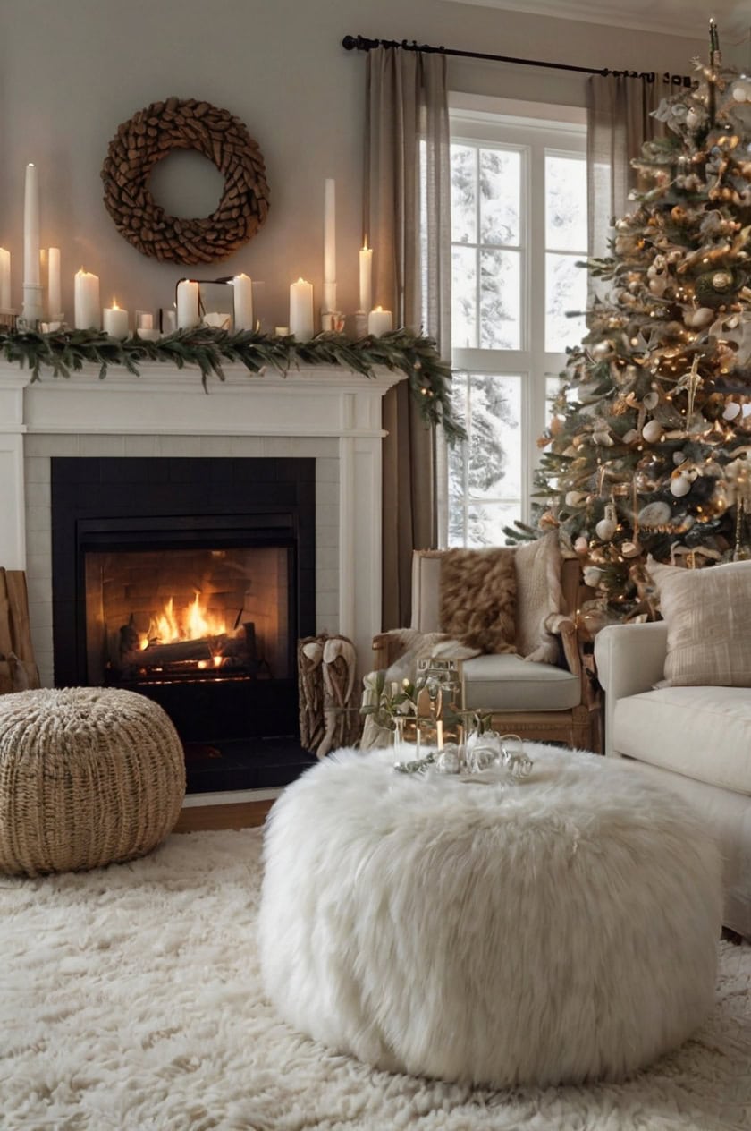 Cozy Snow Covered Nook White Christmas Living Room Decor Ideas