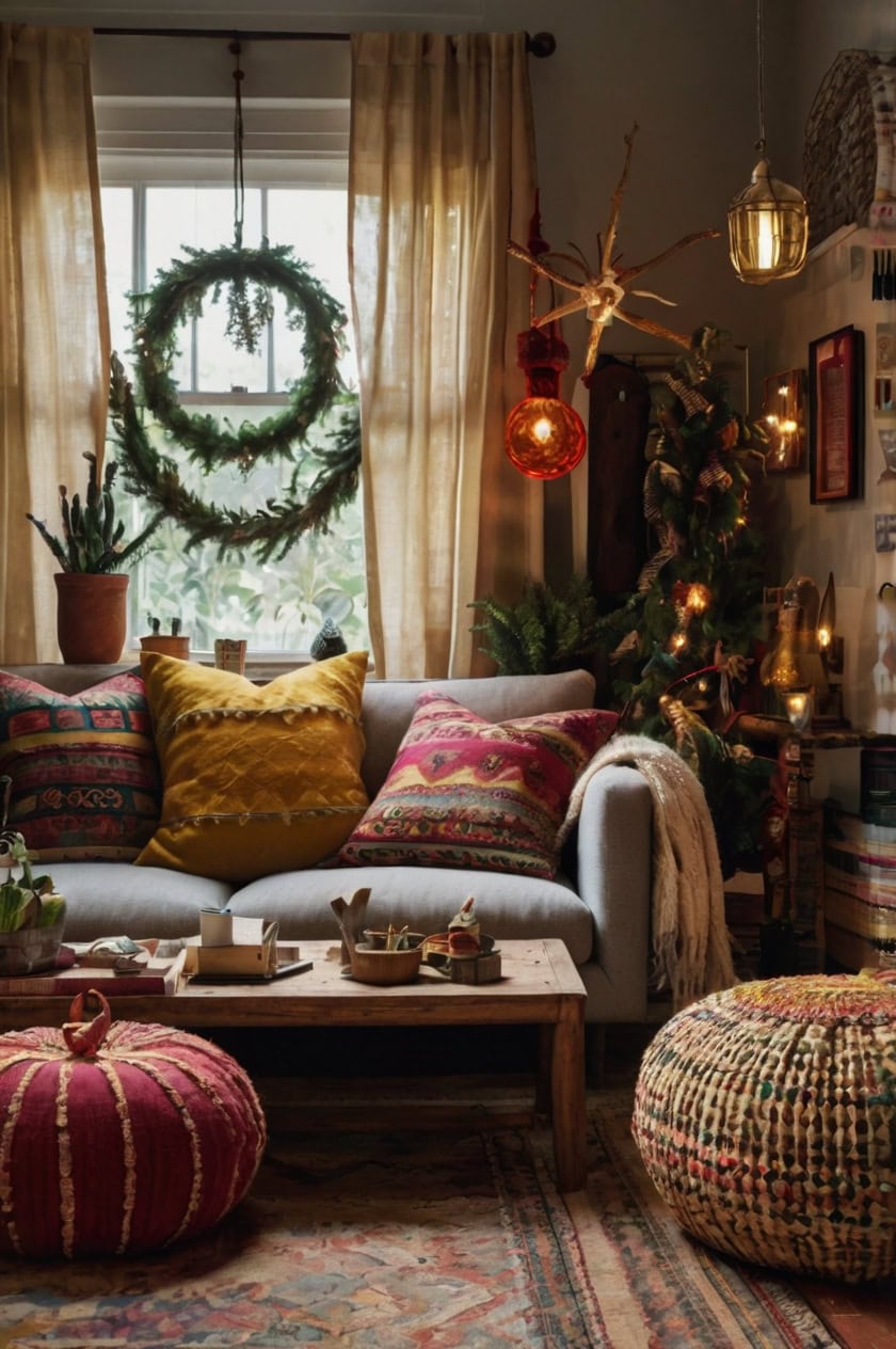 Eclectic Bohemian Christmas Small Living Room Christmas Decorating Ideas