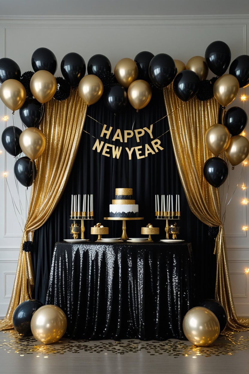 Elegant Black And Gold New Year Party Decorations Ideas