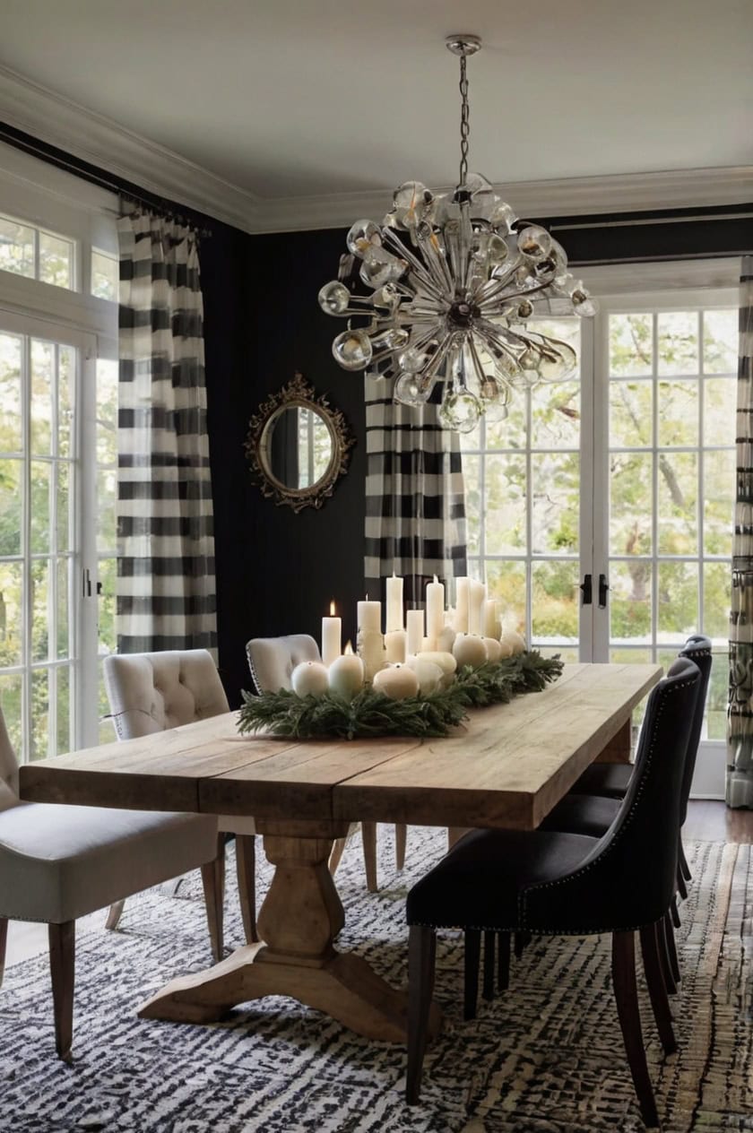 Elegant Black And White Modern Theme Christmas Decorating Ideas For Dining Room Chandelier