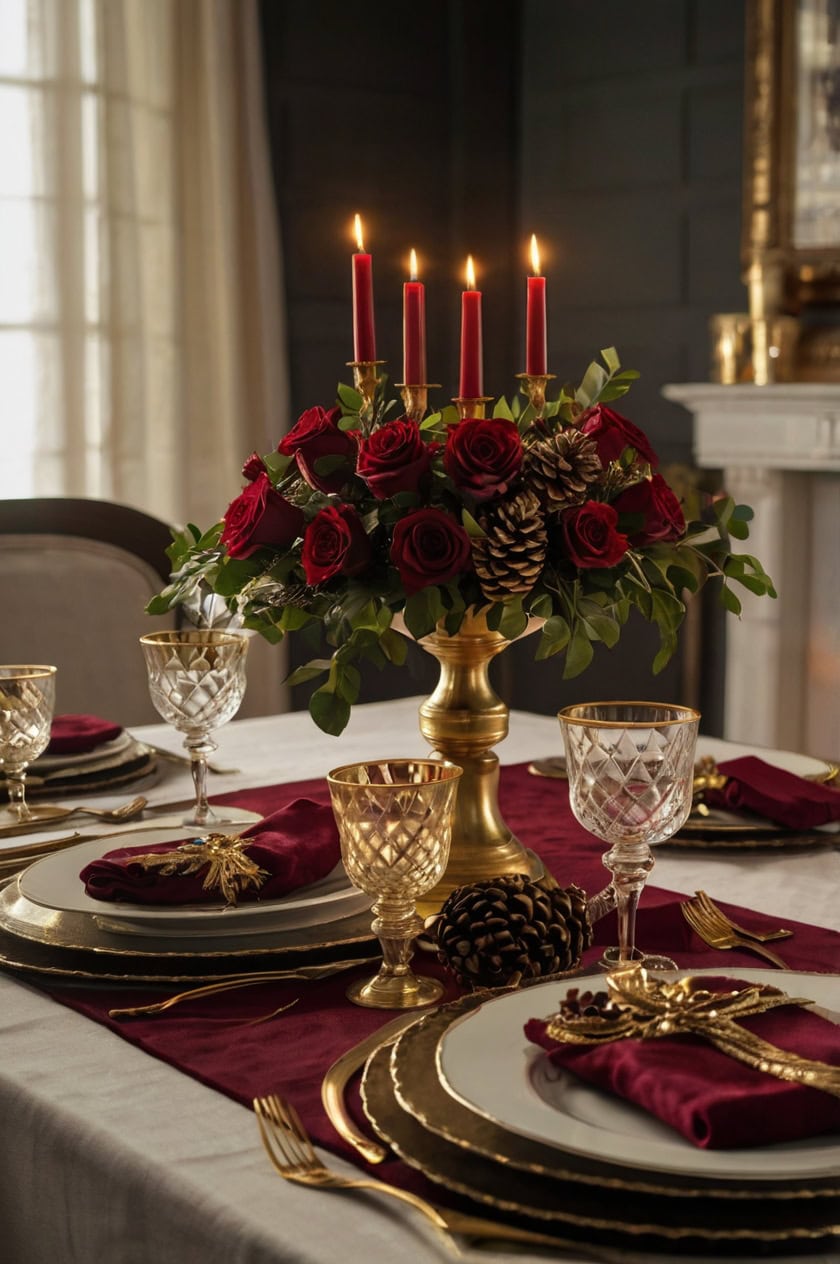 Elegant Burgundy And Gold Formal Dining Room Christmas Decorating Ideas