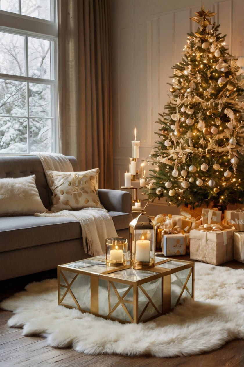 Elegant Gold And White Christmas Glow Family Room Decoration Ideas