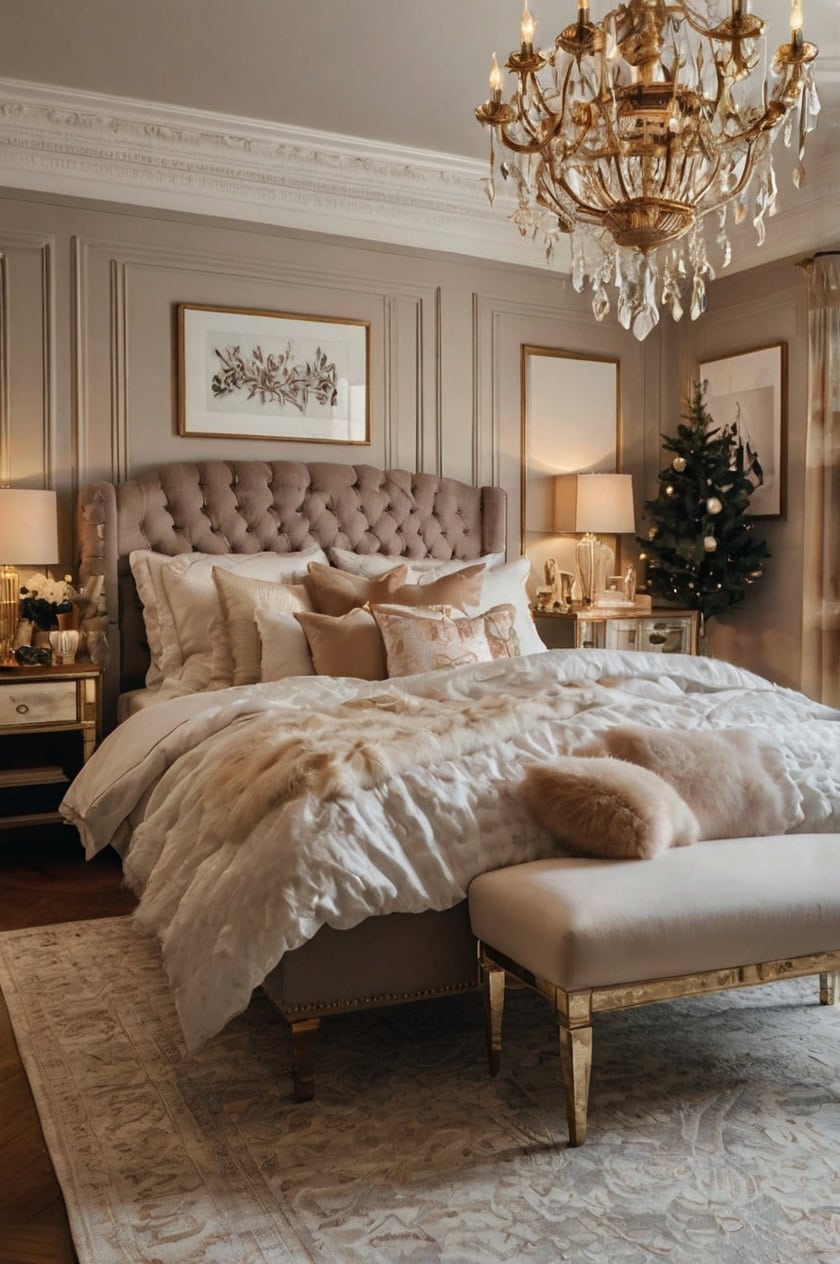 Elegant Gold And White Cozy Christmas Bedroom Decor