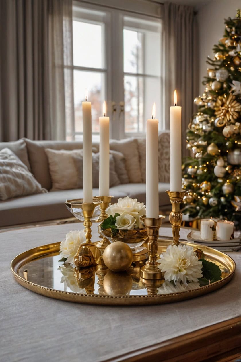 Elegant Gold And White Living Room Coffee Table Christmas Decor Ideas