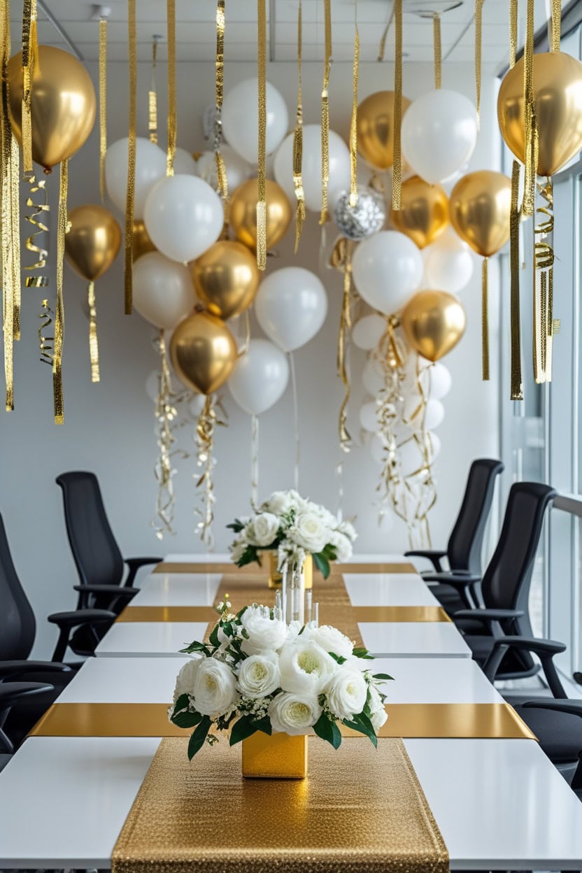 Elegant Gold And White Theme New Year Decoration Ideas for Office