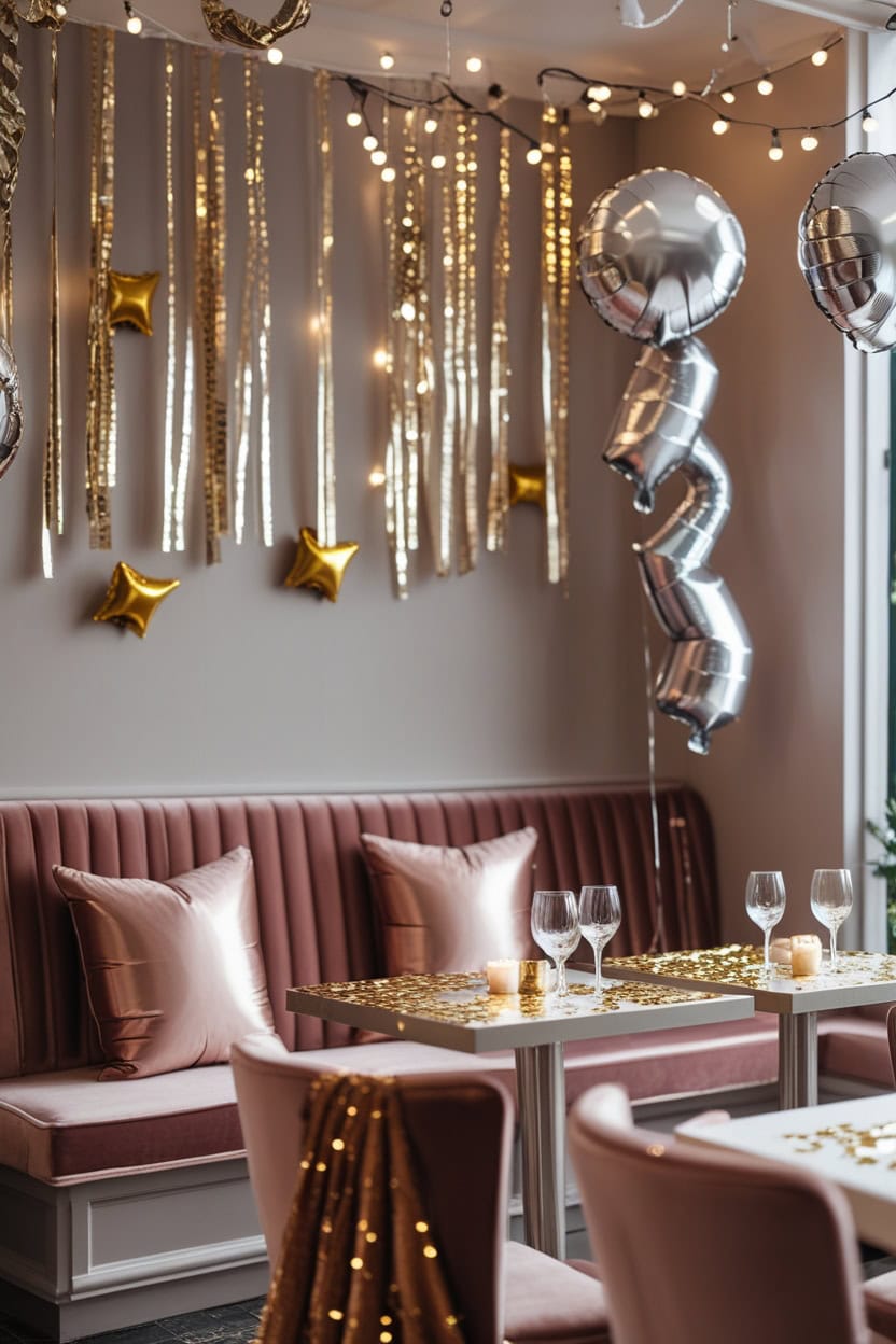 Elegant Metallic Glamour New Year Decoration Ideas for Cafe