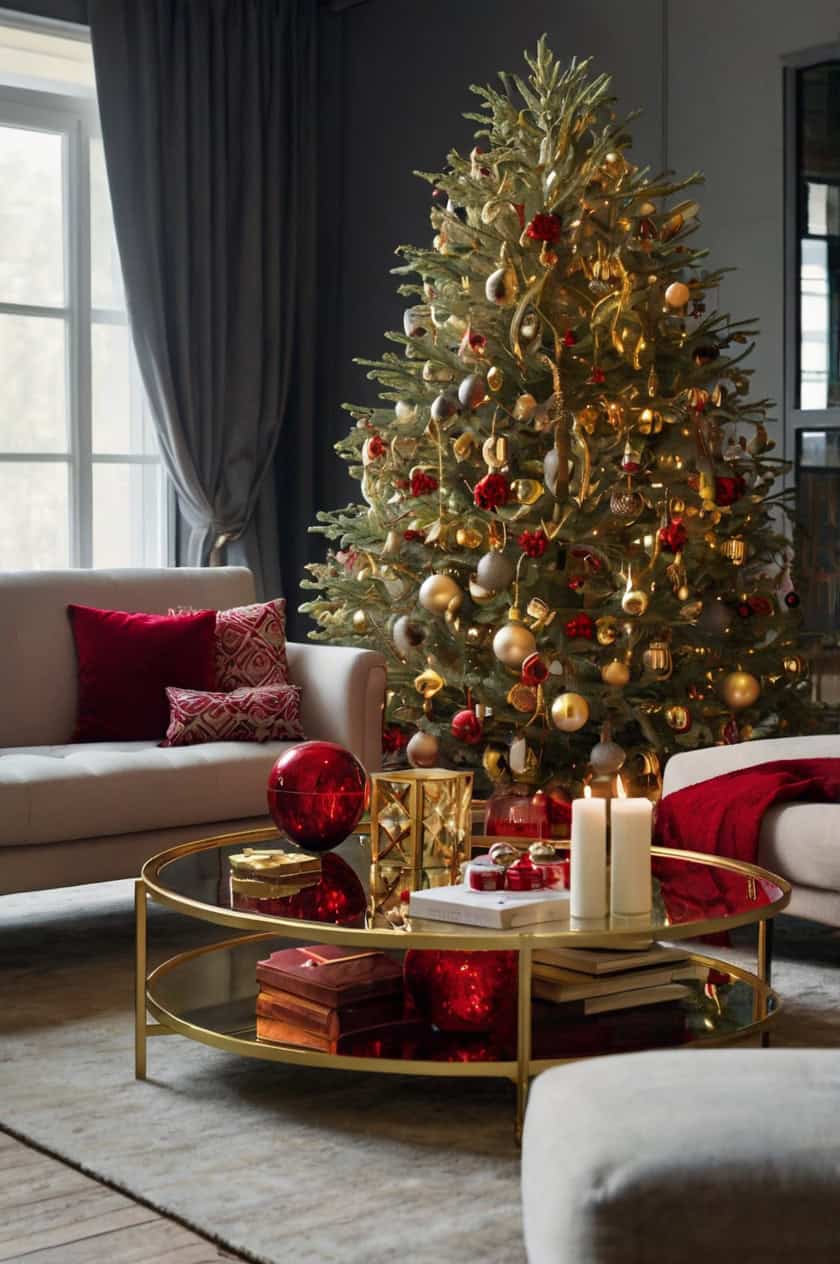 Elegant Red And Gold Living Room Layout Christmas Decoration