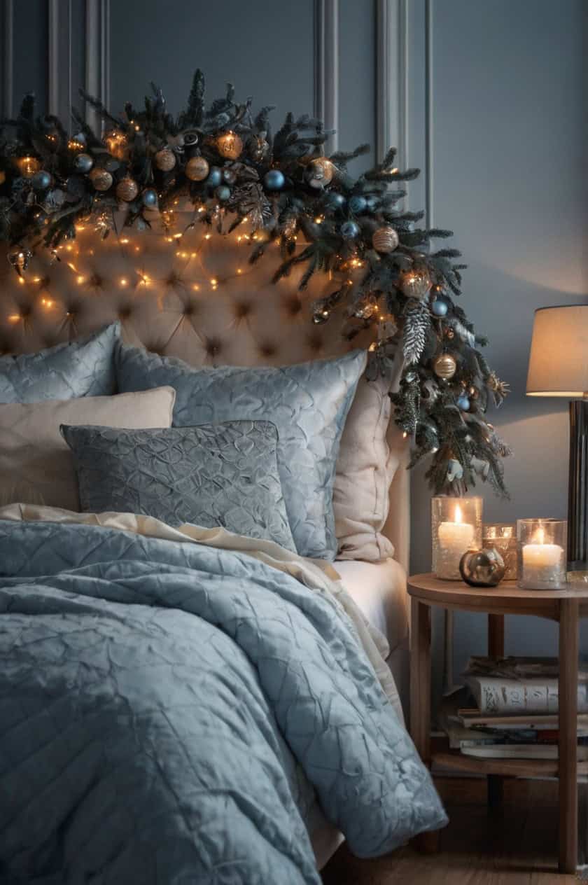 Elegant Silver And Blue Christmas Cozy Christmas Decorations in Bedroom