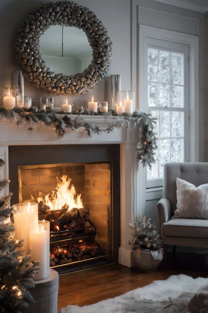 Elegant Silver And White Cozy Christmas Fireplace Decoration