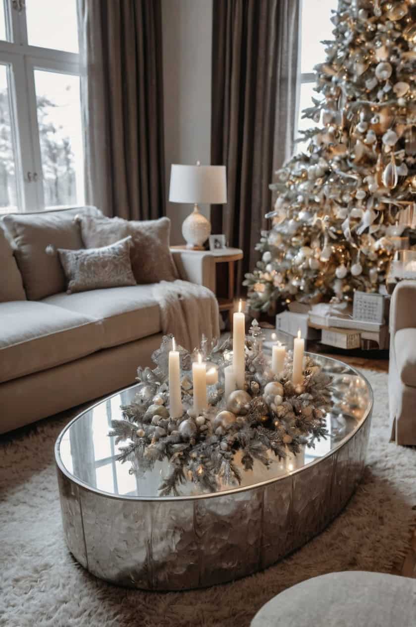 Elegant Silver And White Harmony Oval Living Room Table Christmas Decoration Ideas