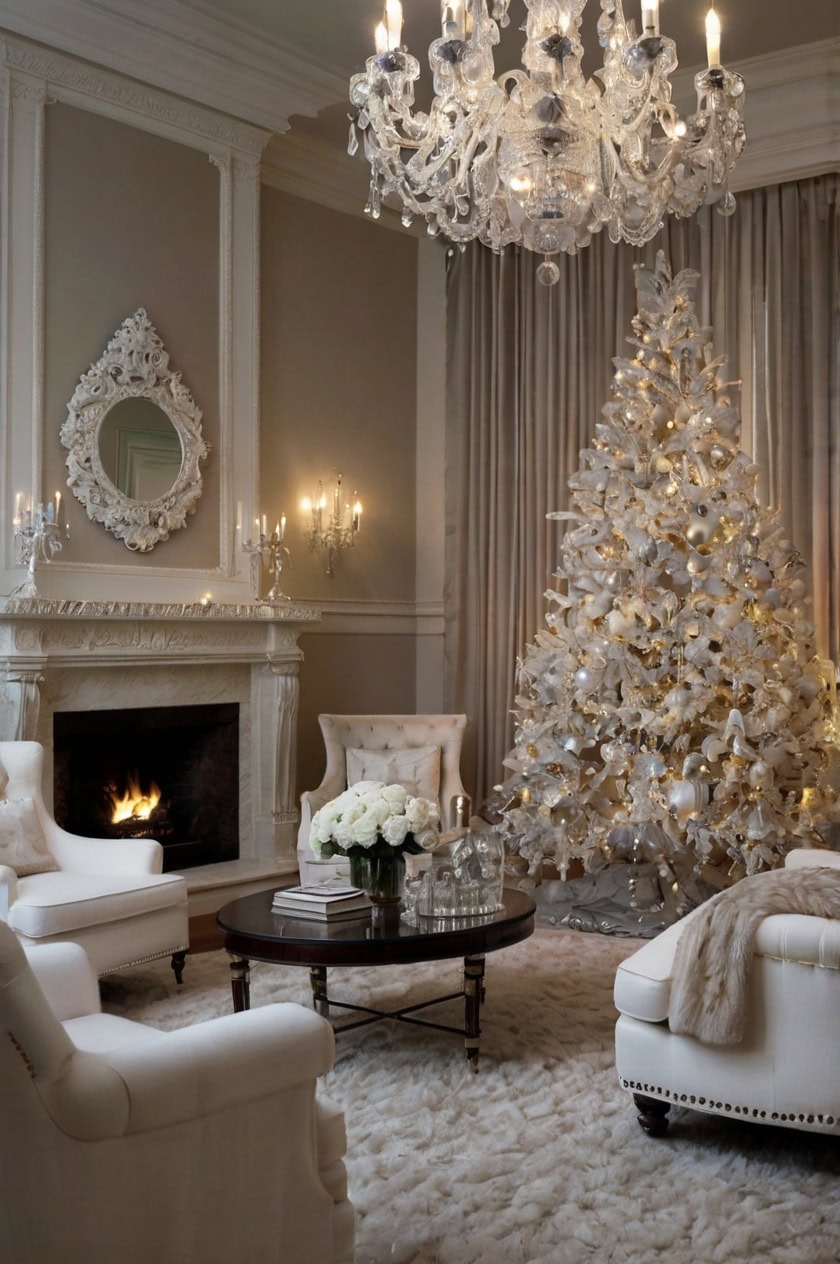 Elegant Snow Palace White Christmas Living Room Decor Ideas