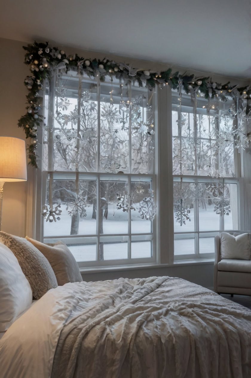 Elegant White And Silver Snowflakes Living Room Window Christmas Decor Ideas