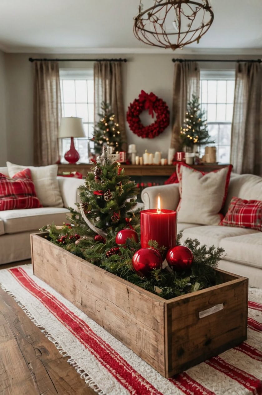 Farmhouse With Red And White Accents Living Room Coffee Table Christmas Decor Ideas