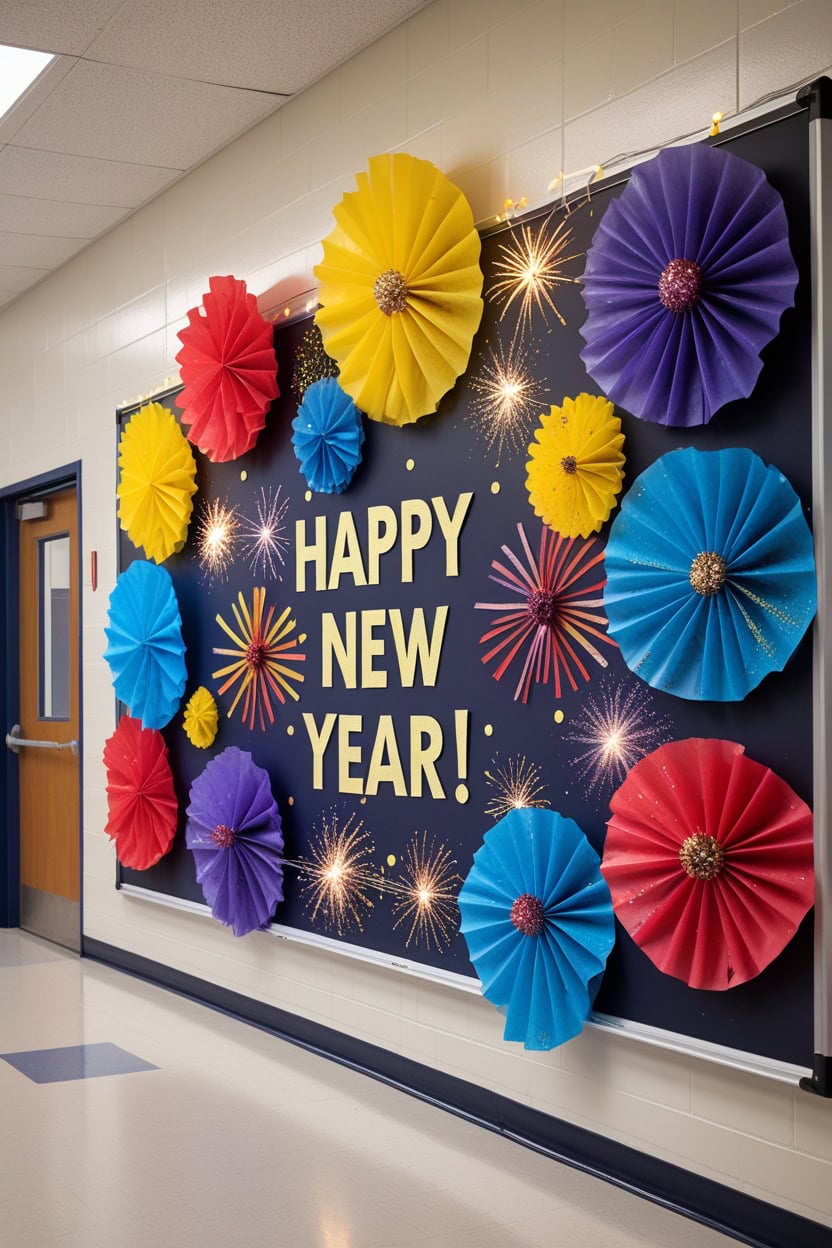 Festive Fireworks Frenzy New Year Decoration Ideas for School Board