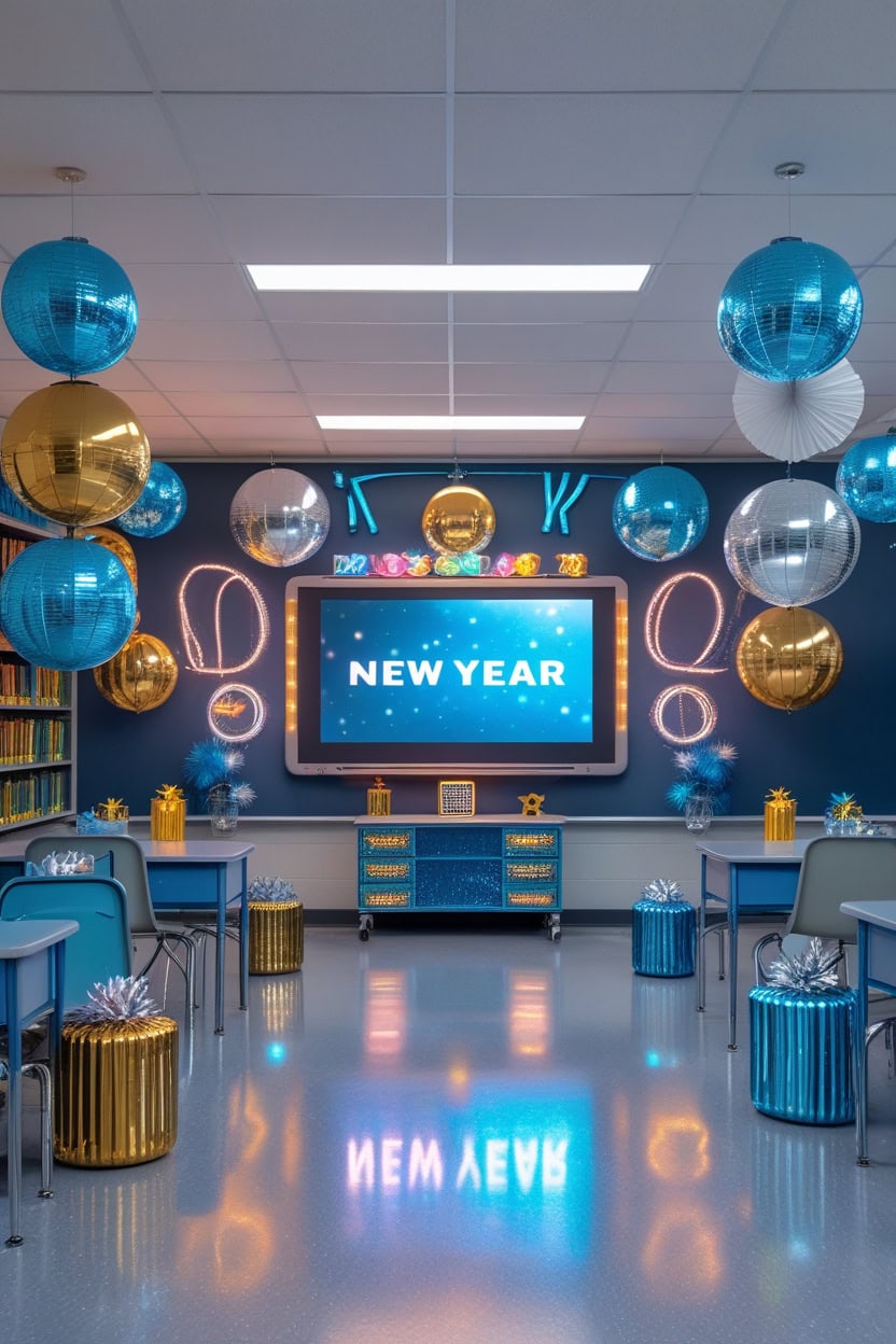 Futuristic Metallics New Year Decoration Ideas for Classroom