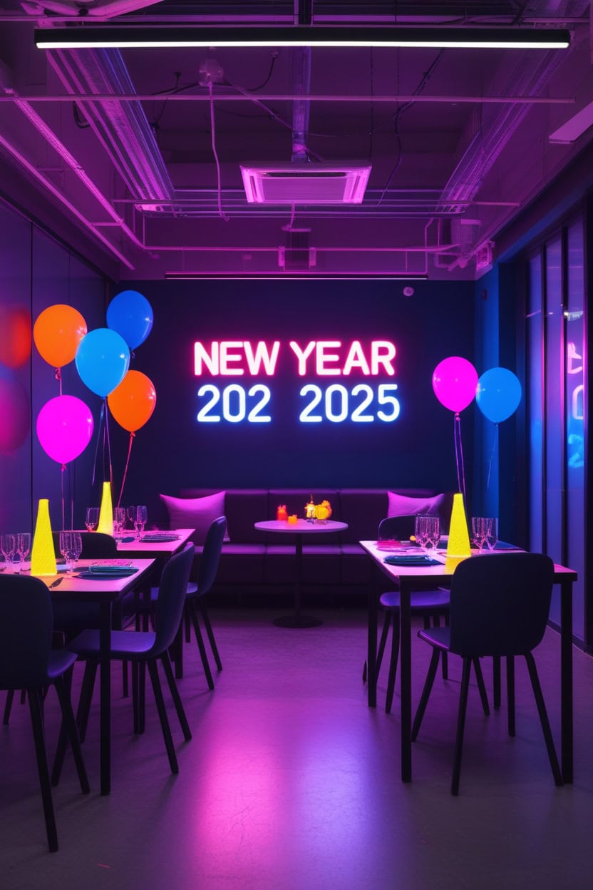 Futuristic Neon Glow New Year Decoration Ideas for Office