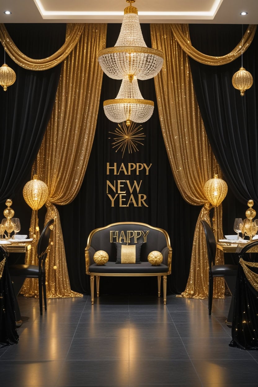 Glamorous Black And Gold New Year Decoration Ideas For Shop