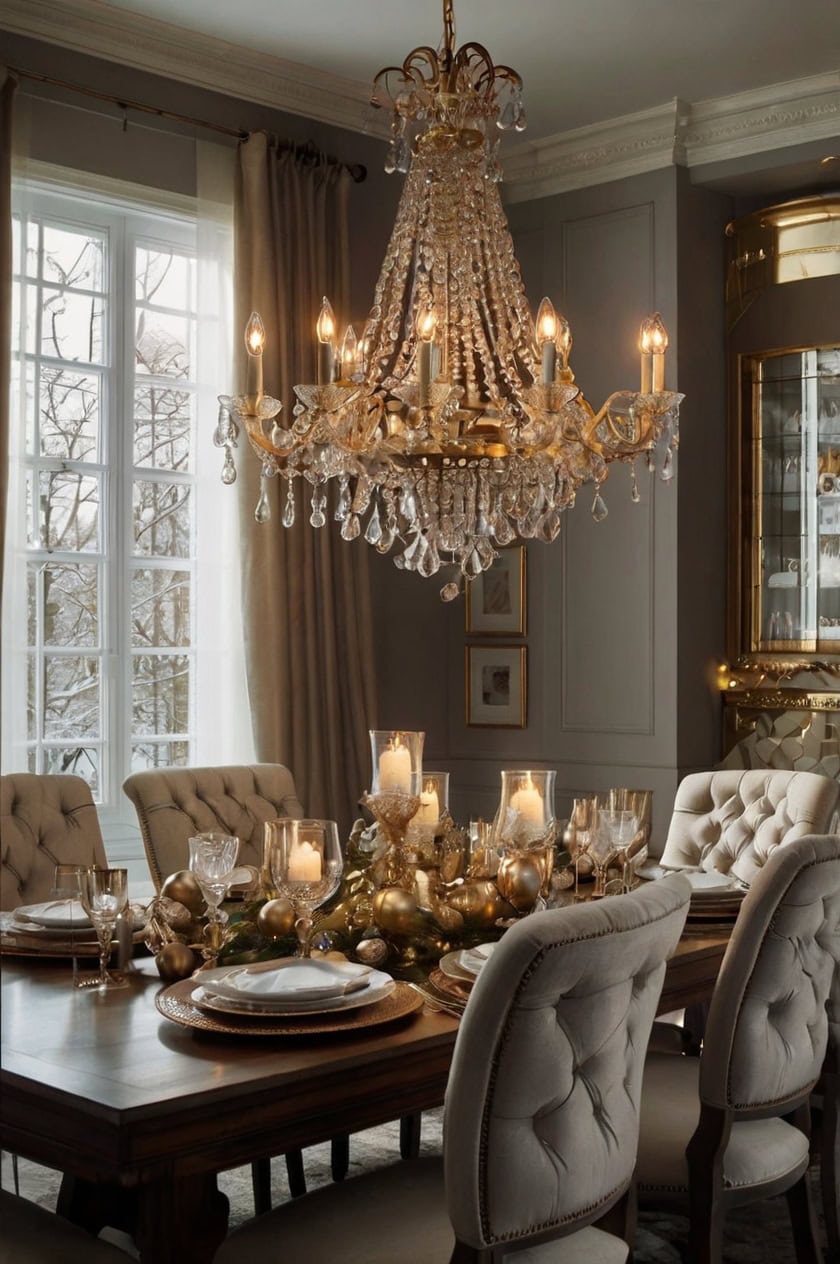 Glamorous Crystal And Metallic Touch Christmas Decorating Ideas For Dining Room Chandelier