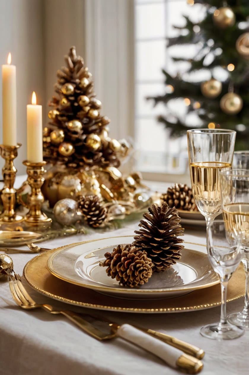 Glamorous Gold & White Dining Room Table Christmas Decoration Ideas