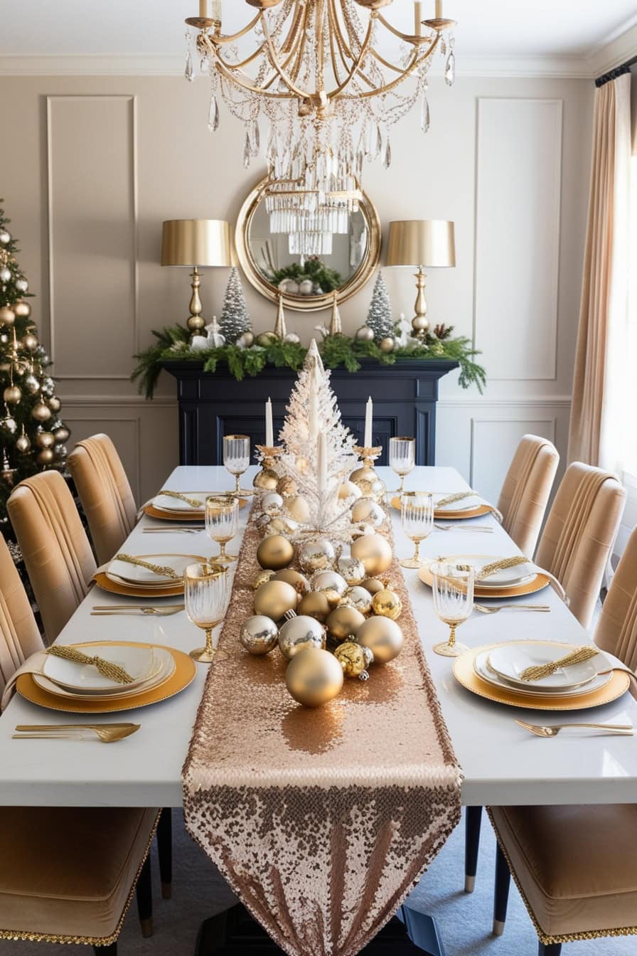 Glamorous Gold And Champagne Dining Room Christmas Decorating Ideas