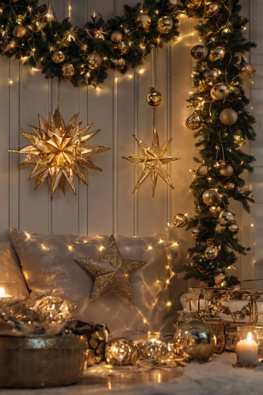 Glamorous Gold And Glitter Christmas Decorating Ideas for Living Room Walls