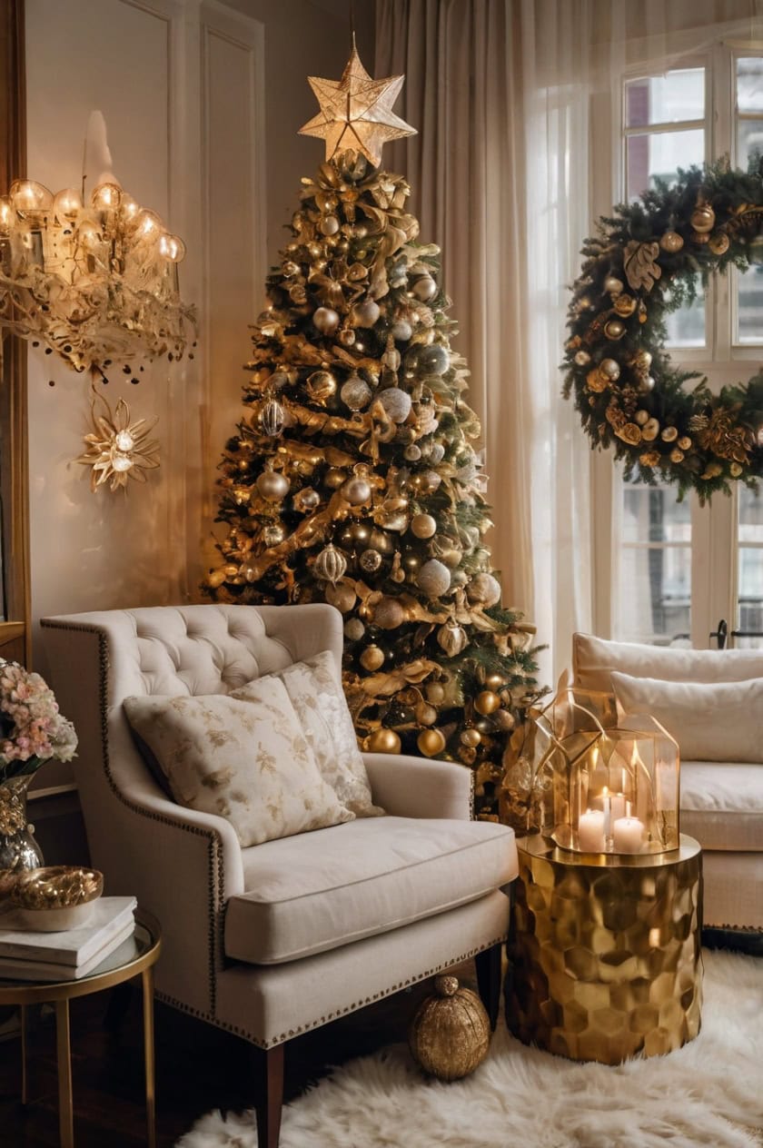 Glamorous Gold And Glitter Theme Christmas Apartment Room Decorating Ideas