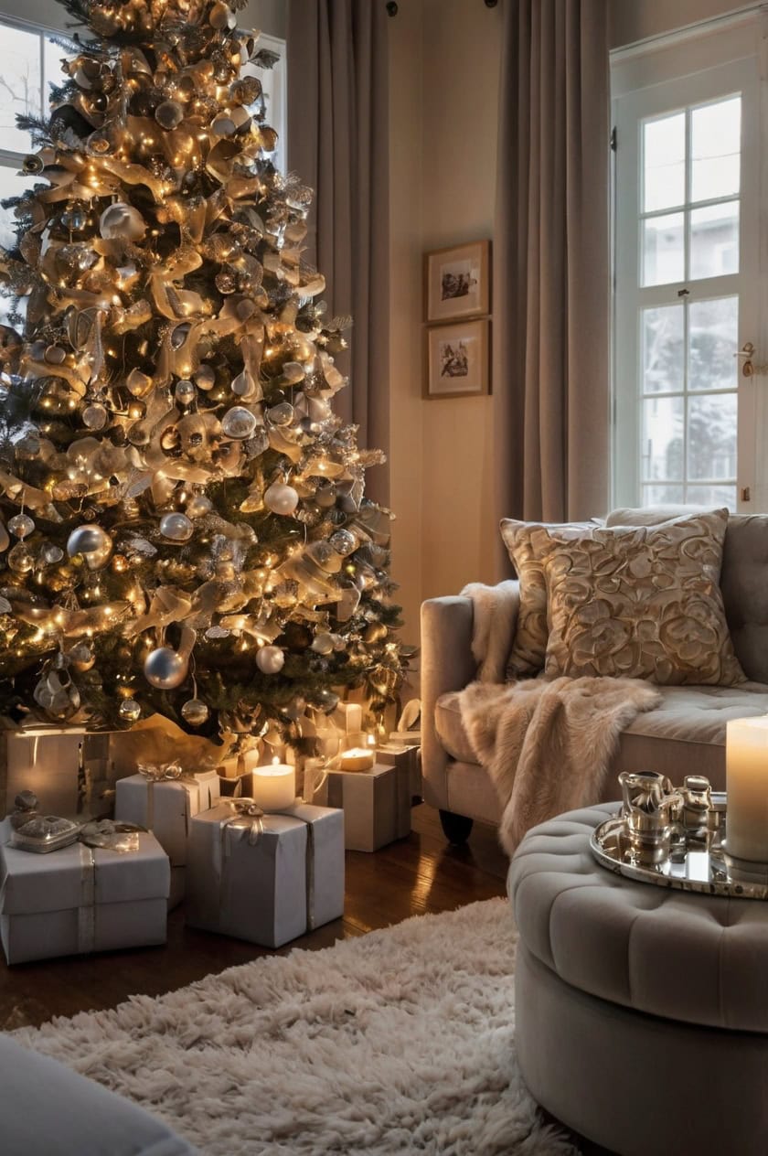 Glamorous Gold And Silver Small Living Room Christmas Decorating Ideas