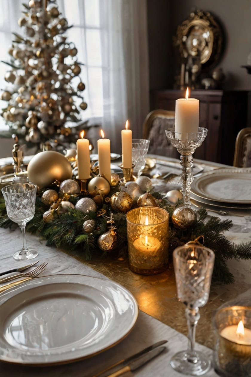 Glamorous Gold And Silver Touches Living Room Table Christmas Decoration Ideas