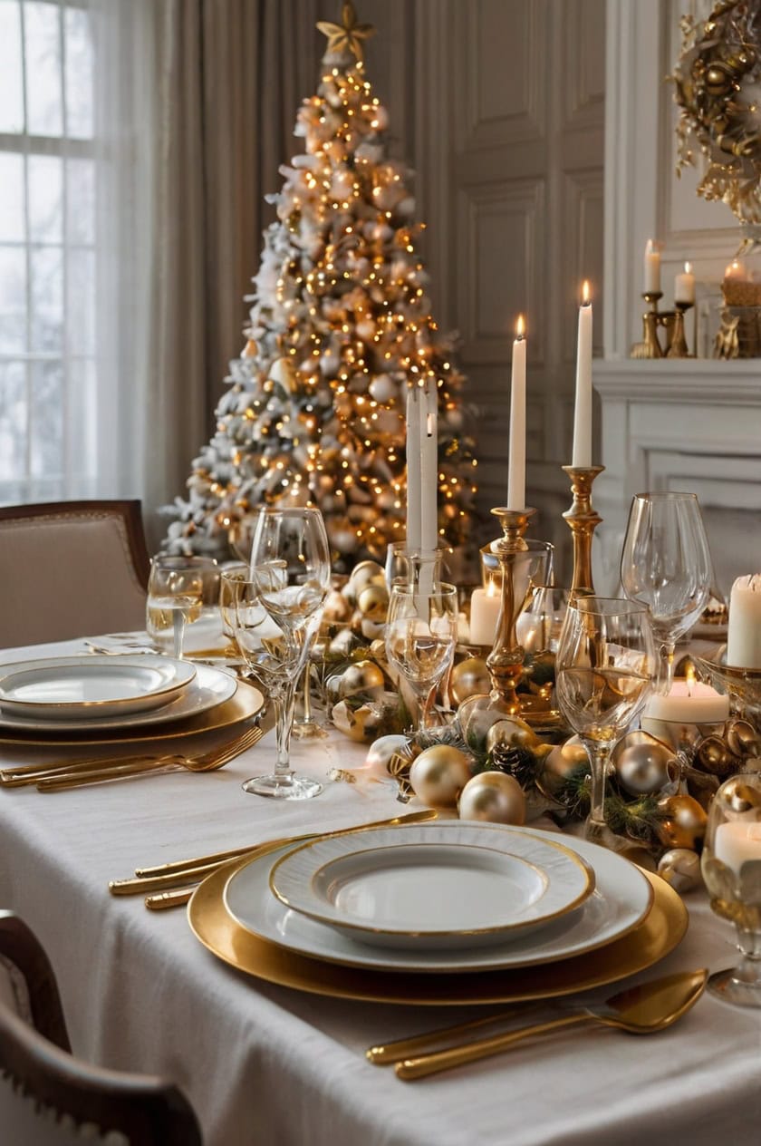 Glamorous Gold And White Lunch Room Decorating for Christmas