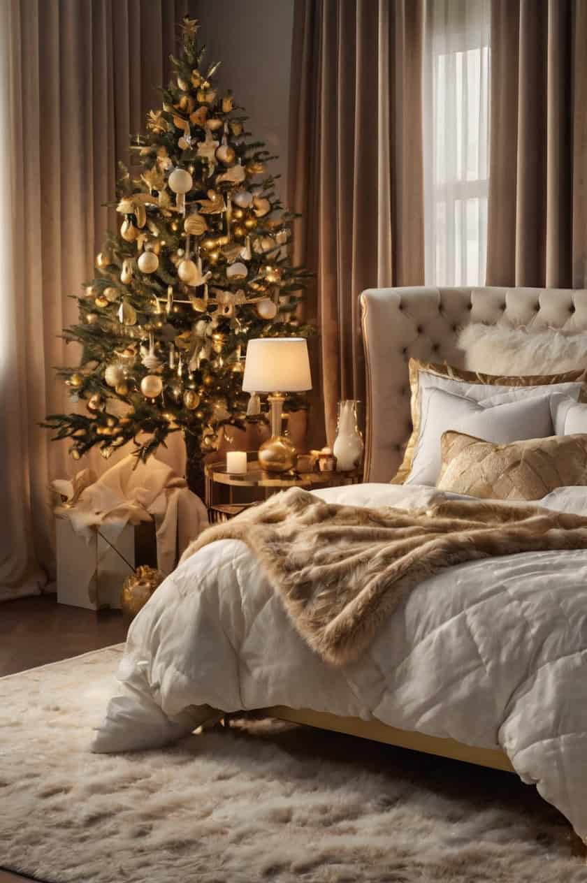 Glamorous Gold And White Cozy Christmas Decorations in Bedroom