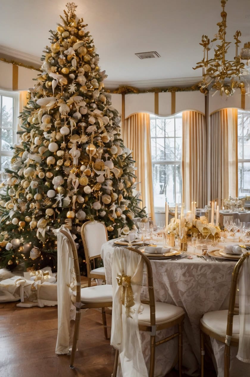 Glamorous Gold And White Christmas Party Room Decoration Ideas