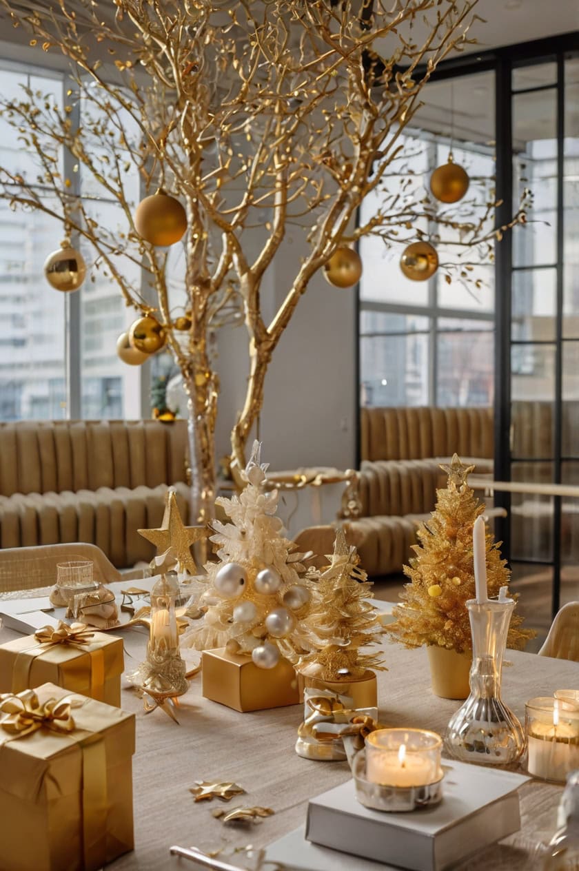 Glamorous Gold And White Theme Office Break Room Christmas Decorating Ideas