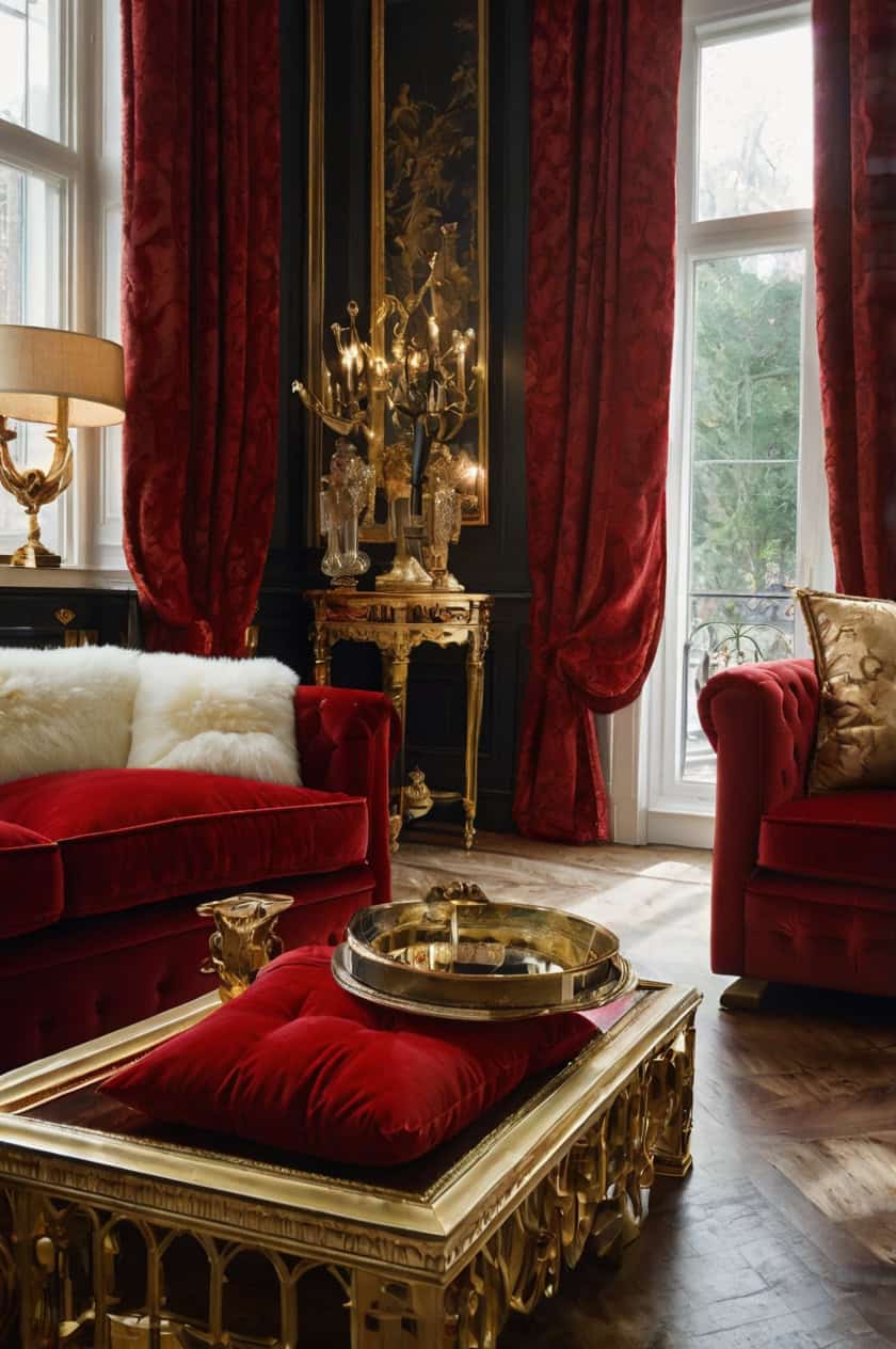 Glamorous Red And Gold Living Room Christmas Decoration Ideas