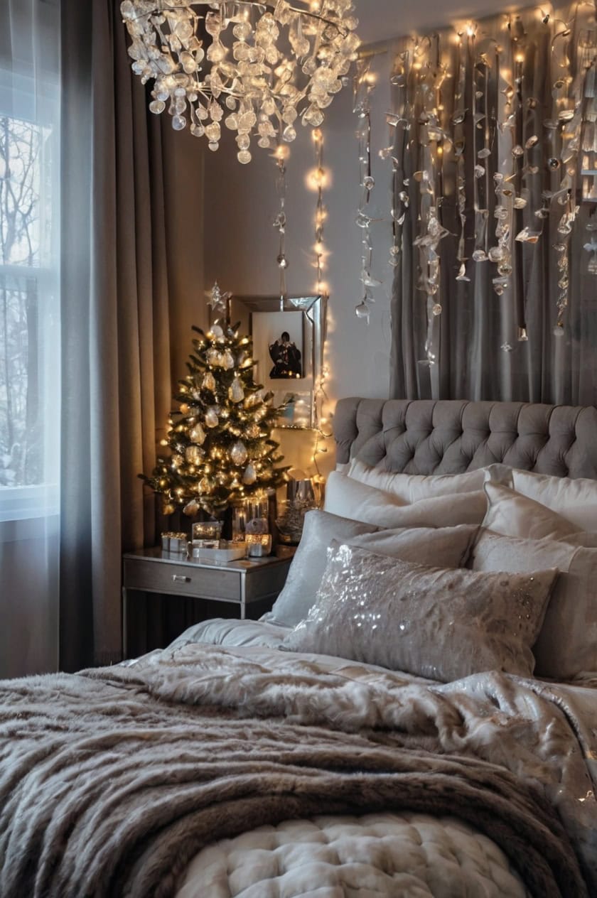 Glamorous Silver And Sparkle Cozy Christmas Bedroom Decor