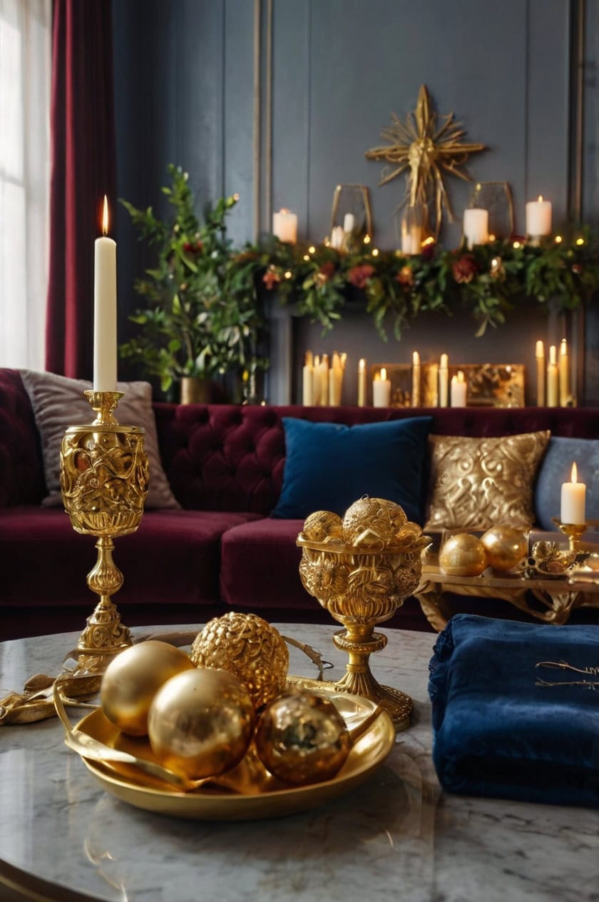 Glittering Gold Glam Christmas Decorations Ideas for Living Room Without Tree